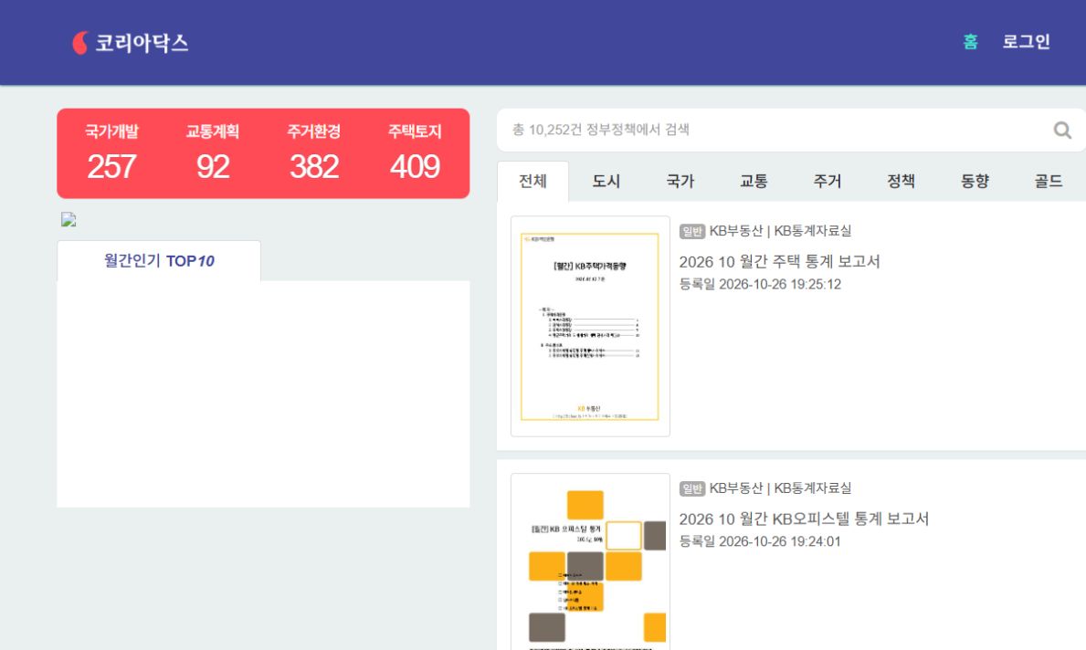 코리아닥스 실제 서비스 화면